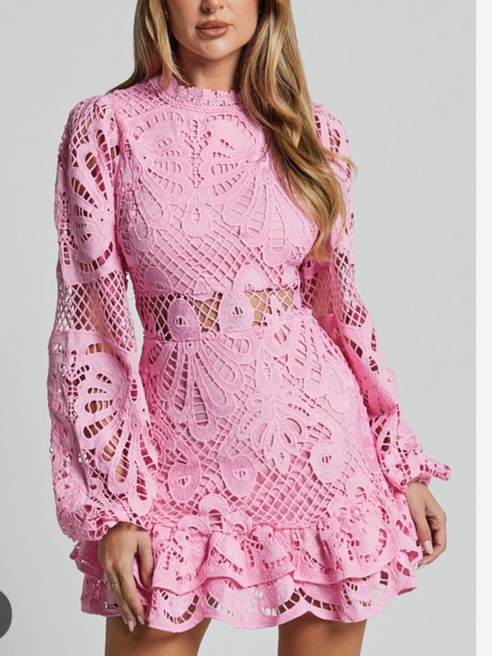 Showpo Pink Crochet Long-Sleeve Mini Dress